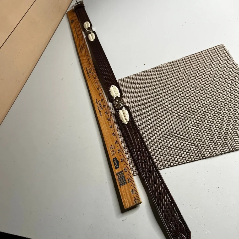 RIBCO USA Mens Brown Leather Basketweave Belt White Whipstitch Western 36